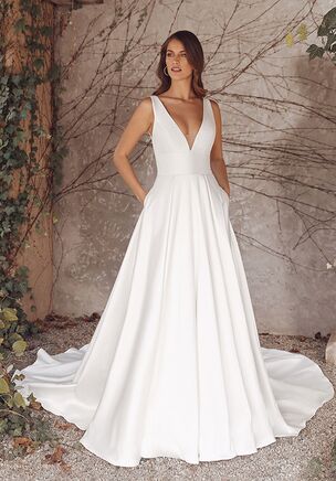 Showcase your chic style in this stretch Mikado A-line gown. The plunging neckline and V-back add sophistication. Pockets and box pleats in the skirt complete this look. A raised neckline version is also available with this style.
