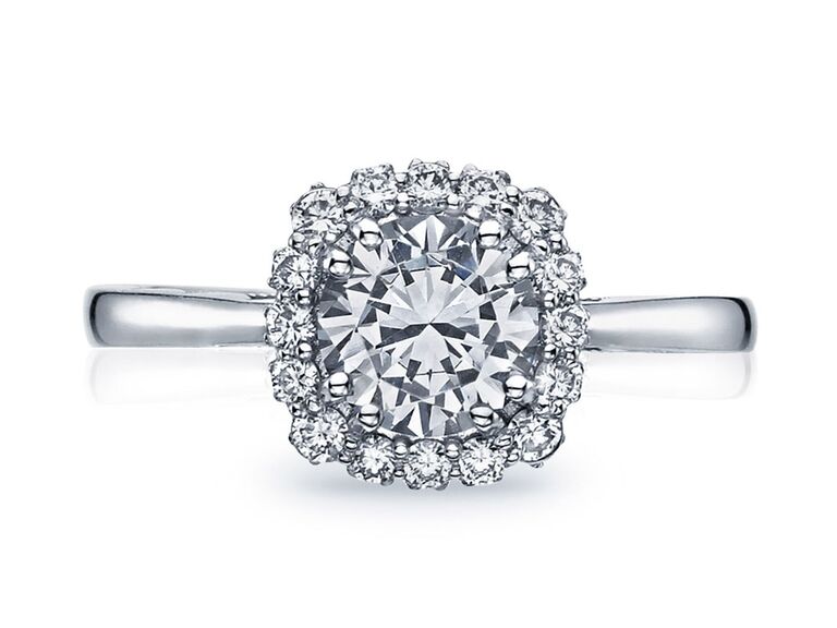 tacori flower engagement ring with round diamond round diamond halo and plain platinum band