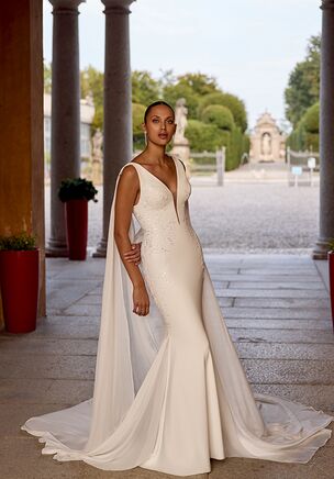 Crepe Fit and Flare Dress with Lace Appliqués and Plunging V-Neck