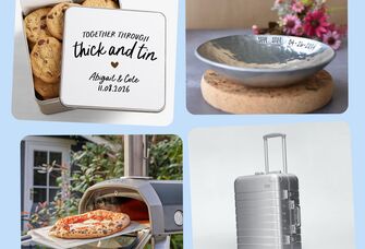 Tin Anniversary Gift Ideas: engraved treat tin, engraved trinket dish, aluminum suitcase, pizza oven