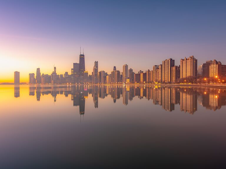 A stunning view of the Chicago Skyline at dusk.