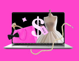 Laptop with wedding dress discounts on screen