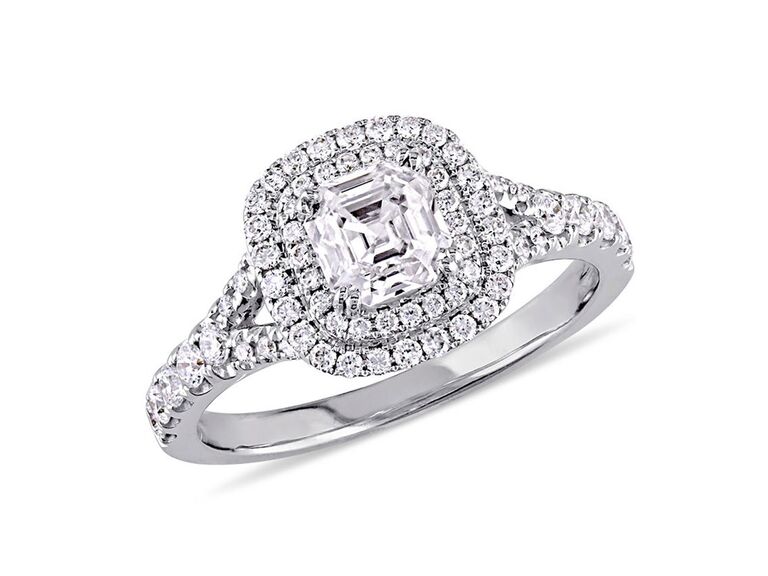 zales asscher cut engagement ring with diamond center stone round diamond double halo and round diamond encrusted split sides and round diamond encrusted white gold band