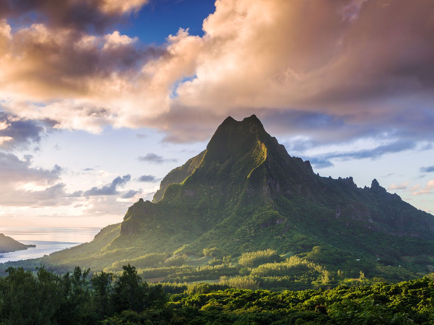 Moorea High angle view of Mount Rotui and Opunohu bay at sunset. Moorea, Tahiti, Society islands, French Polynesia