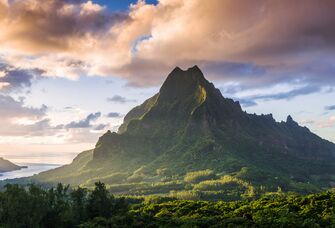 Moorea High angle view of Mount Rotui and Opunohu bay at sunset. Moorea, Tahiti, Society islands, French Polynesia