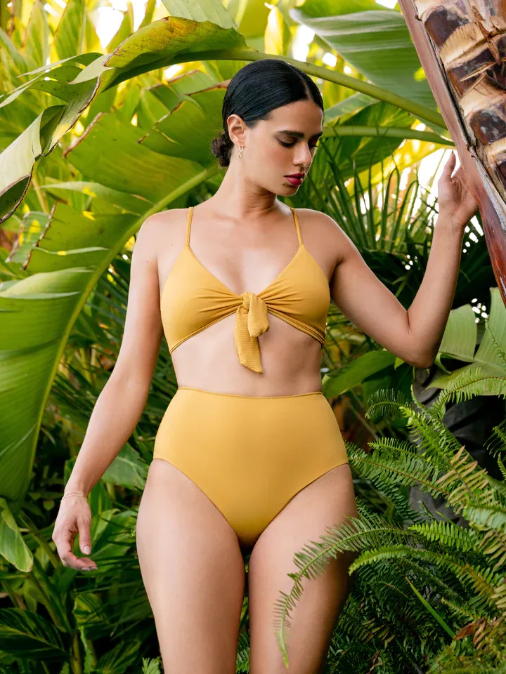 yellow bikini with high waisted bottoms and tie top