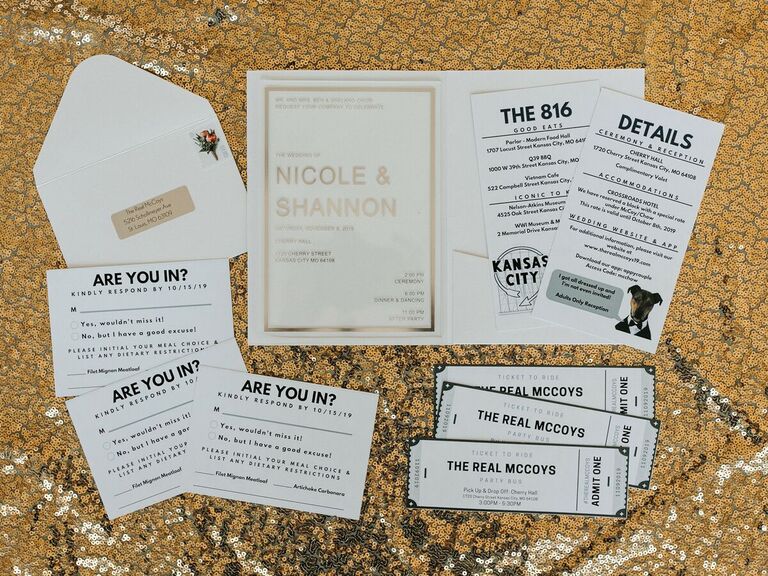new year's eve wedding invitations with RSVP cards designed to look like concert tickets