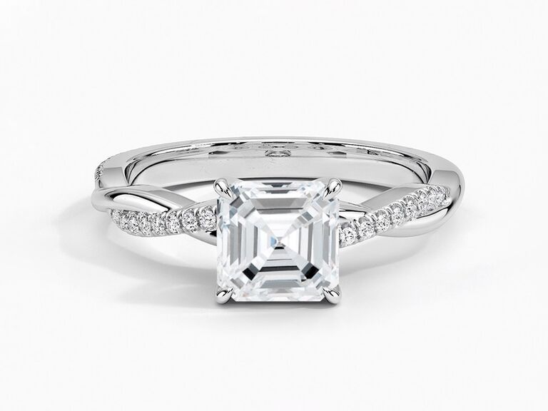 brilliant earth asscher cut engagement ring with diamond center stone white gold claw prongs and plain white gold and diamond encrusted twisted band