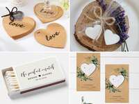 Four affordable wedding favors: heart-shaped coasters, heart-shaped soap, wildflower seeds, and a personalized matchbox