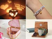 Collage of gift ideas for girlfriend: custom night light, beaded bracelet, book nook, heart-shaped jewelry box