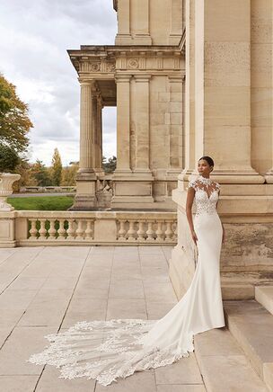 Mermaid silhouette wedding dress with lace bodice and illusion neckline and back. Short lace sleeves. Bielastic crepe skirt with beadwork. Lace train.