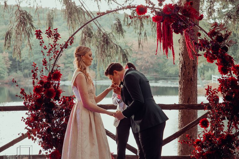 couple fall wedding lake