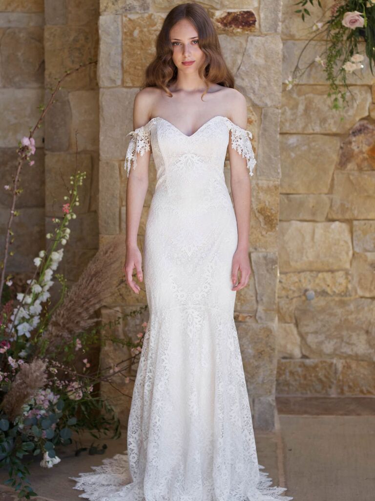 A model wearing a wedding dress from the boutique Claire Pettibone in Los Angeles