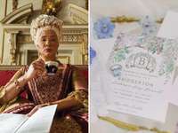 Still of Bridgerton's queen holding tea cup next to Bridgerton-themed bridal shower brunch invitation