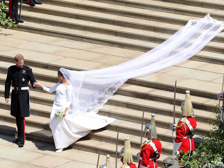 Prince Harry and Meghan Markle with iconic veil on their wedding day.