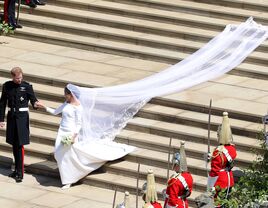 Prince Harry and Meghan Markle with iconic veil on their wedding day.