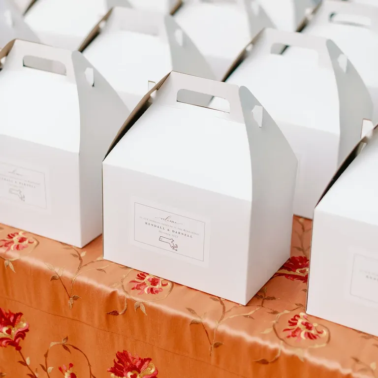 Cardboard Welcome Boxes, rehearsal dinner decoration inspiration