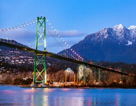 Lion's Gate Bridge and Grouse Mountain view in Vancouver at twilight