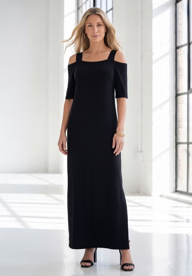 Roaman's black cold-shoulder plus-size petite wedding guest dress