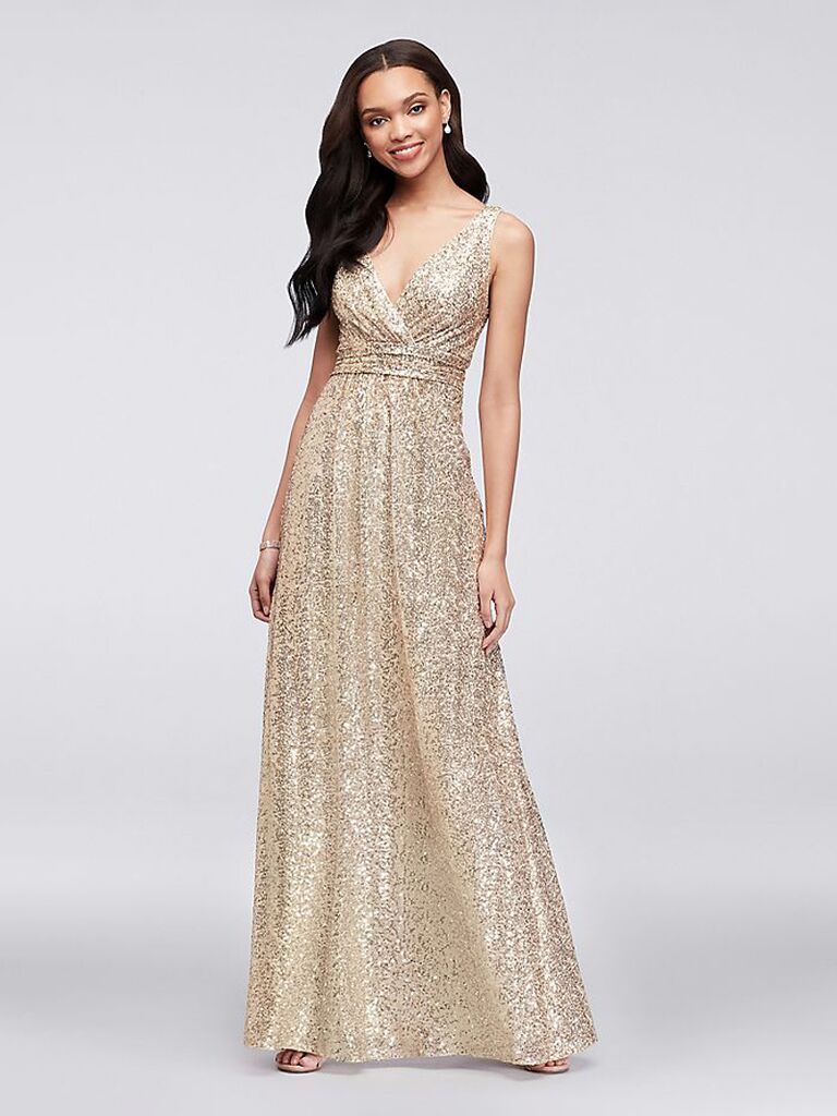 david's bridal gold satin bridesmaid dress with v-neckline and sequins
