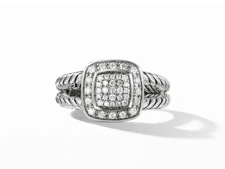david yurman split shank engagement ring with round diamond cushion shaped center round diamond halo and twisted split shank white gold band