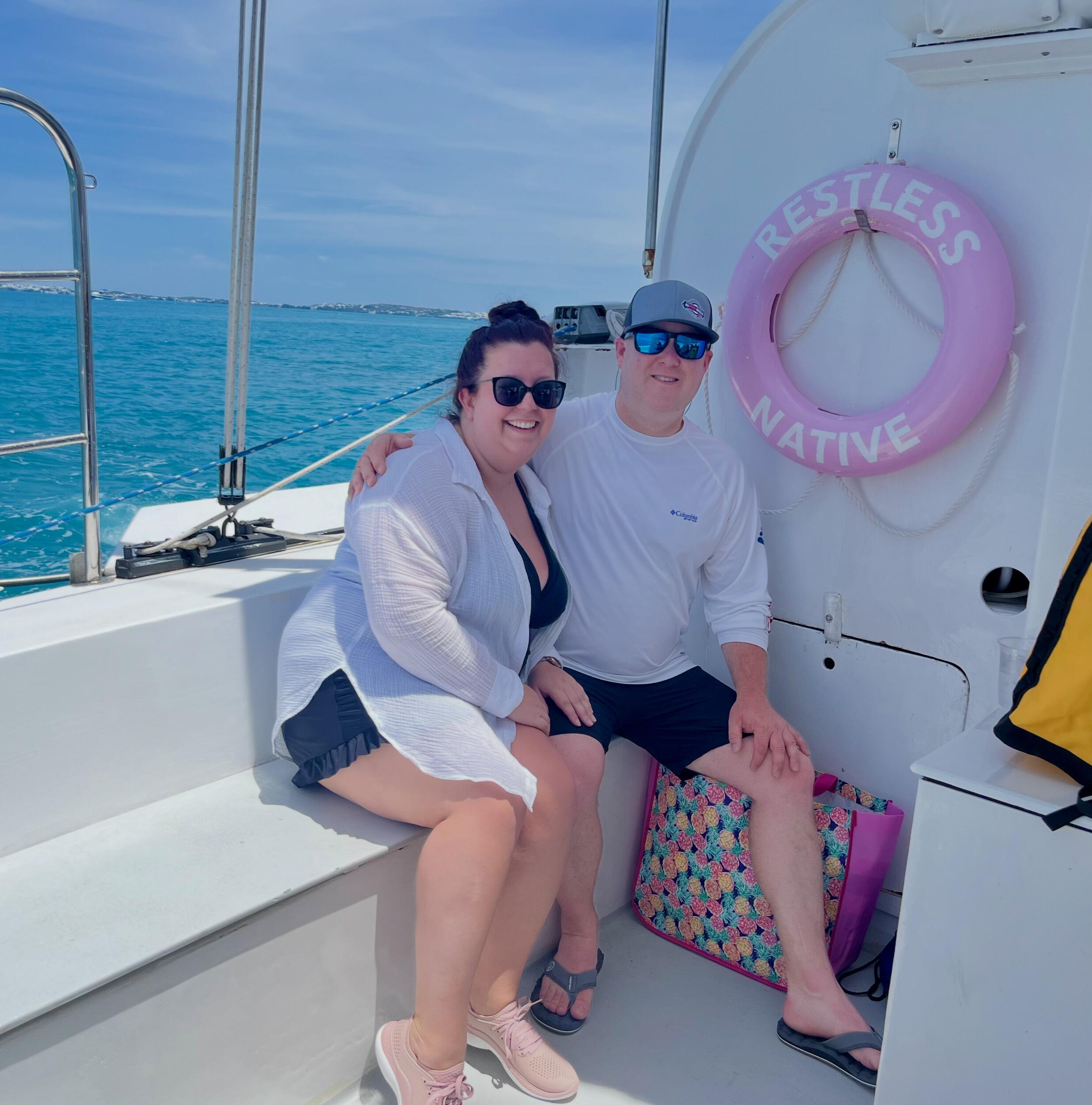 They celebrated 10 years together with a cruise to Bermuda- complete with a catamaran adventure and lots of rum swizzles.