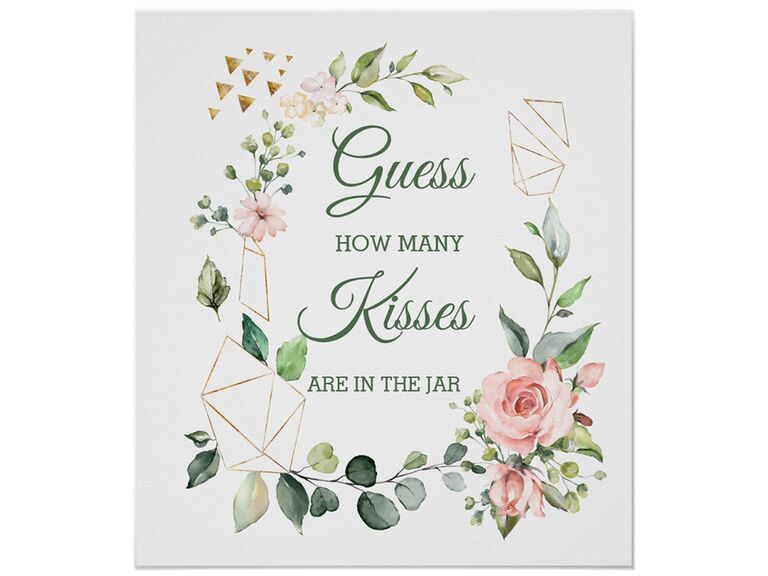 'Guess who many kisses are in the jar' in green type with pink florals and greenery