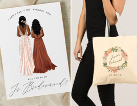Junior bridesmaid proposal gifts, including card and tote bag