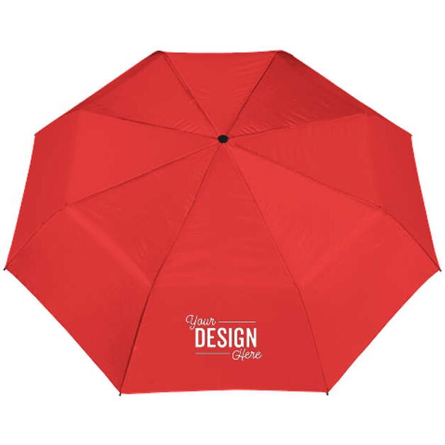 Red umbrella with custom text. 