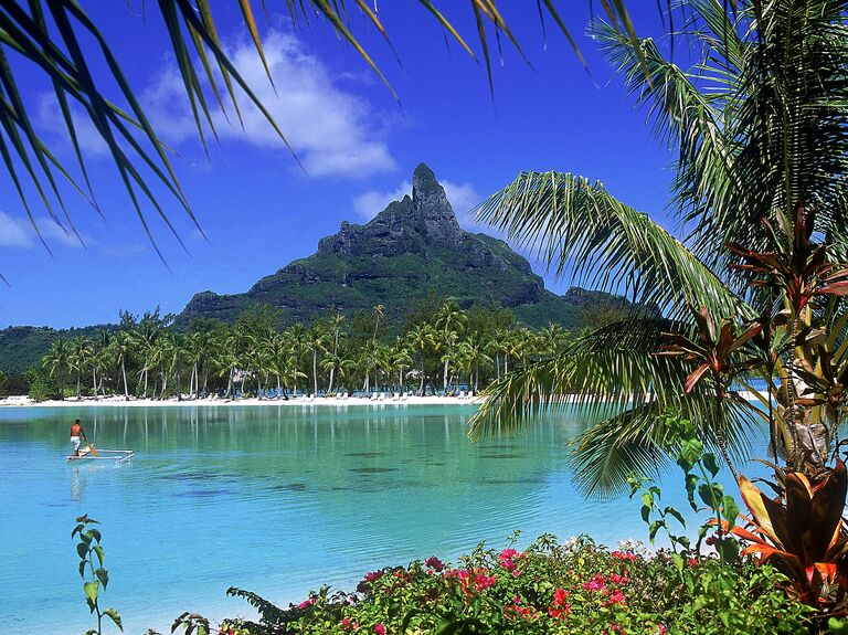 A scenic view of the mountainside in Bora Bora, part of French Polynesia.