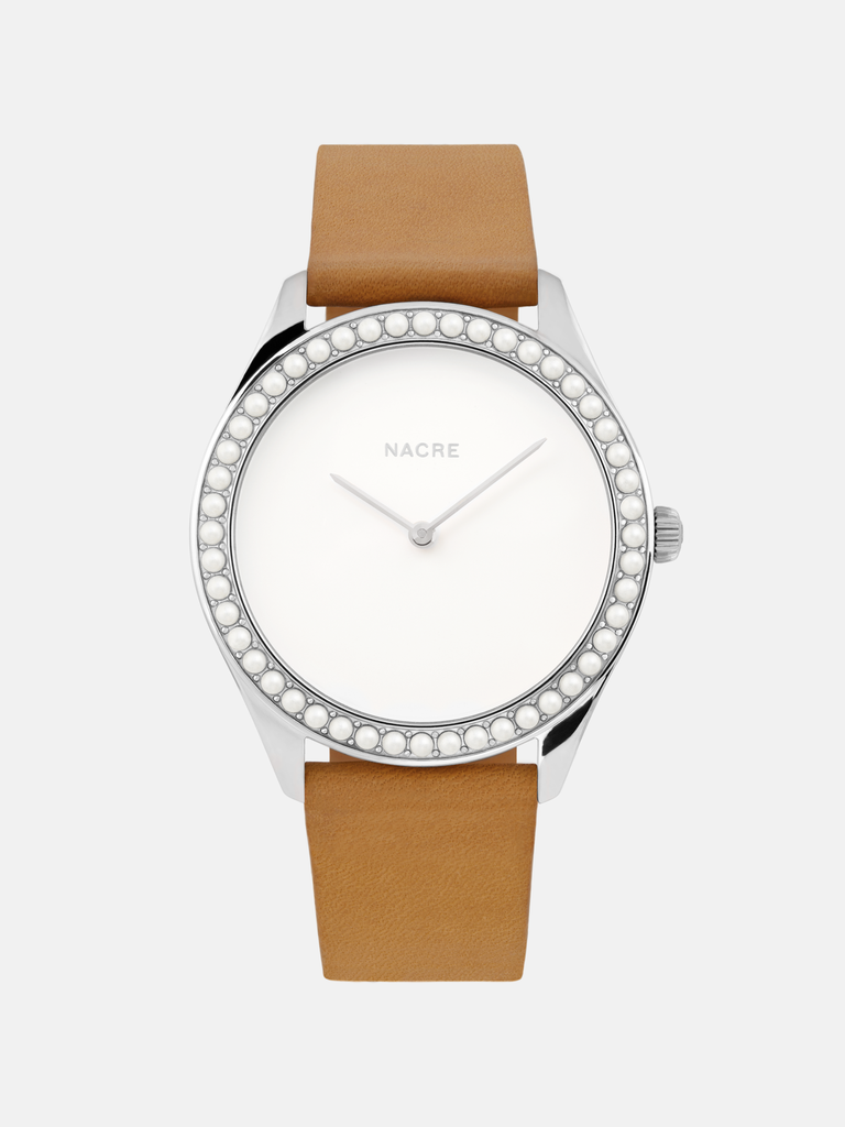 Nacre pearl-accent watch with brown band 30th anniversary gift