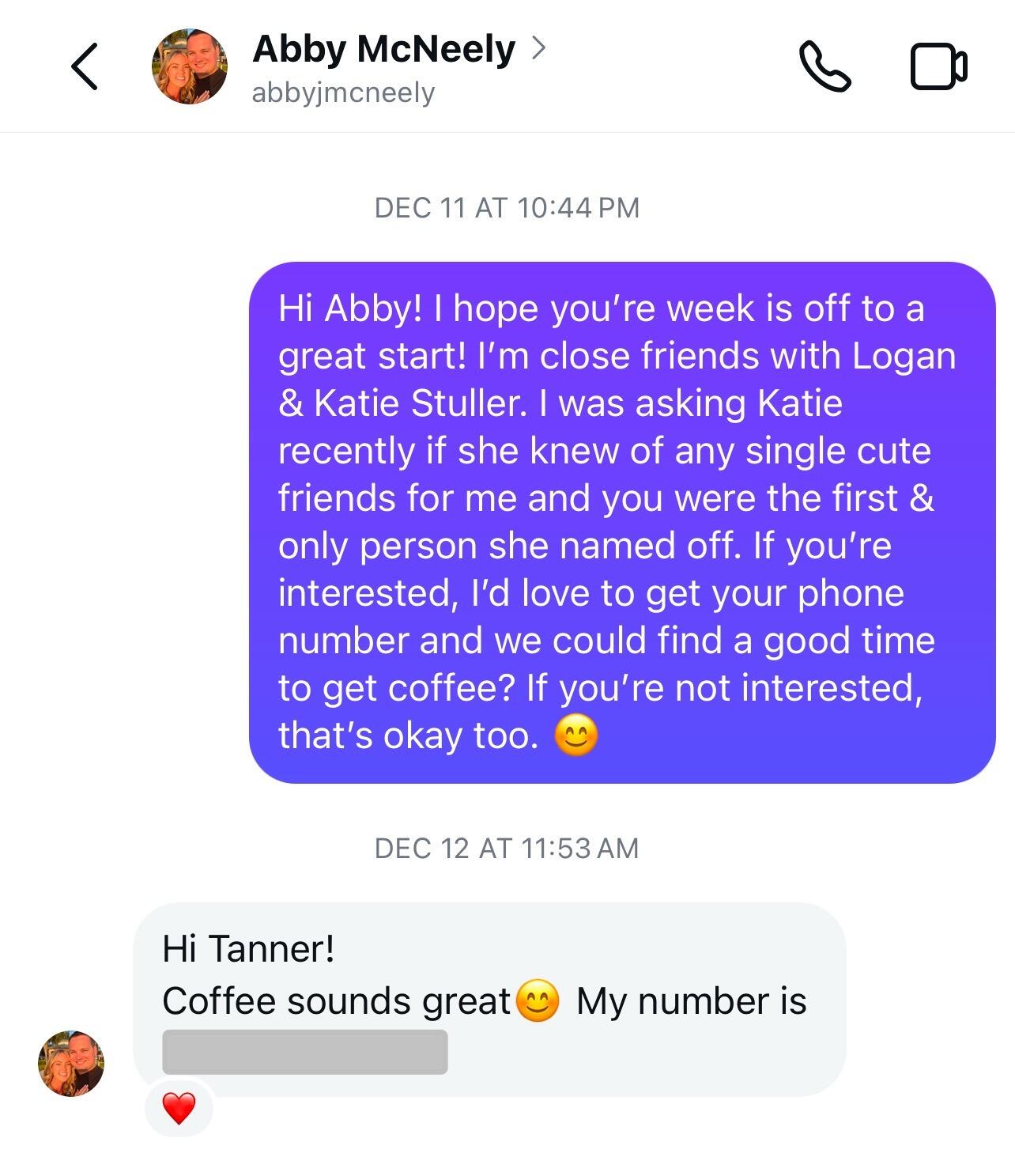 The DM that started our story and set up our first date at 905 Cafe in Downtown Melbourne.