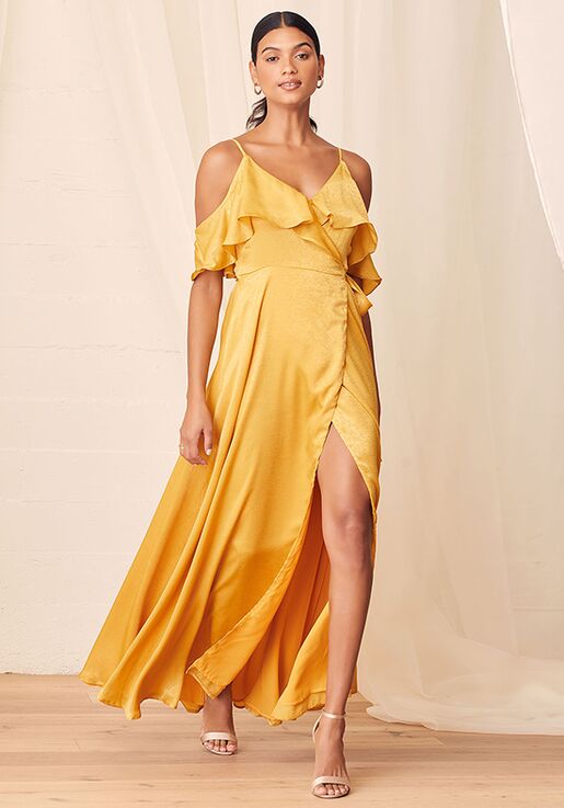 Lulus Moriah Mustard Yellow Satin Wrap Maxi Dress Bridesmaid Dress ...