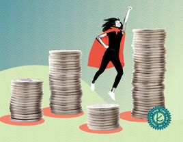 woman with cape around stacks of coins triumphant feeling