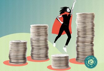 woman with cape around stacks of coins triumphant feeling