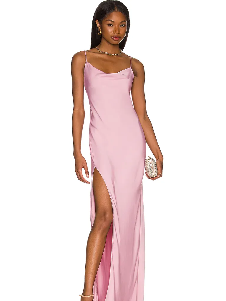 orchid floor length slip dress with spaghetti straps
