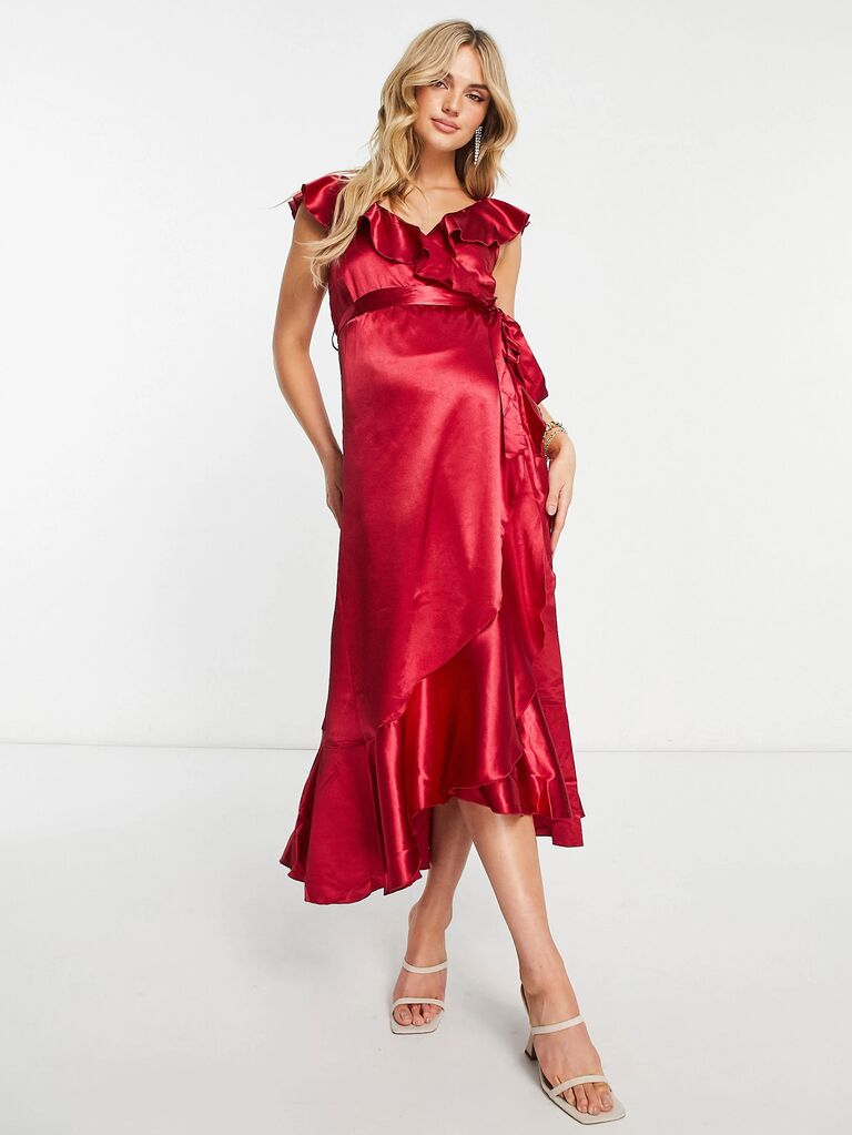 ASOS festive red maternity bridesmaid dress under $100 for a bump-friendly option