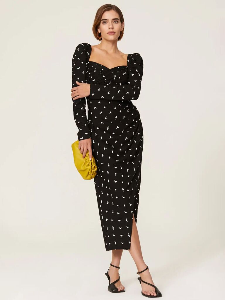 Self-Portrait Rent the Runway puff-sleeve wedding guest dress with sweetheart neckline and polka dots 