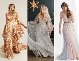 Collage of three nontraditional wedding dresses. 