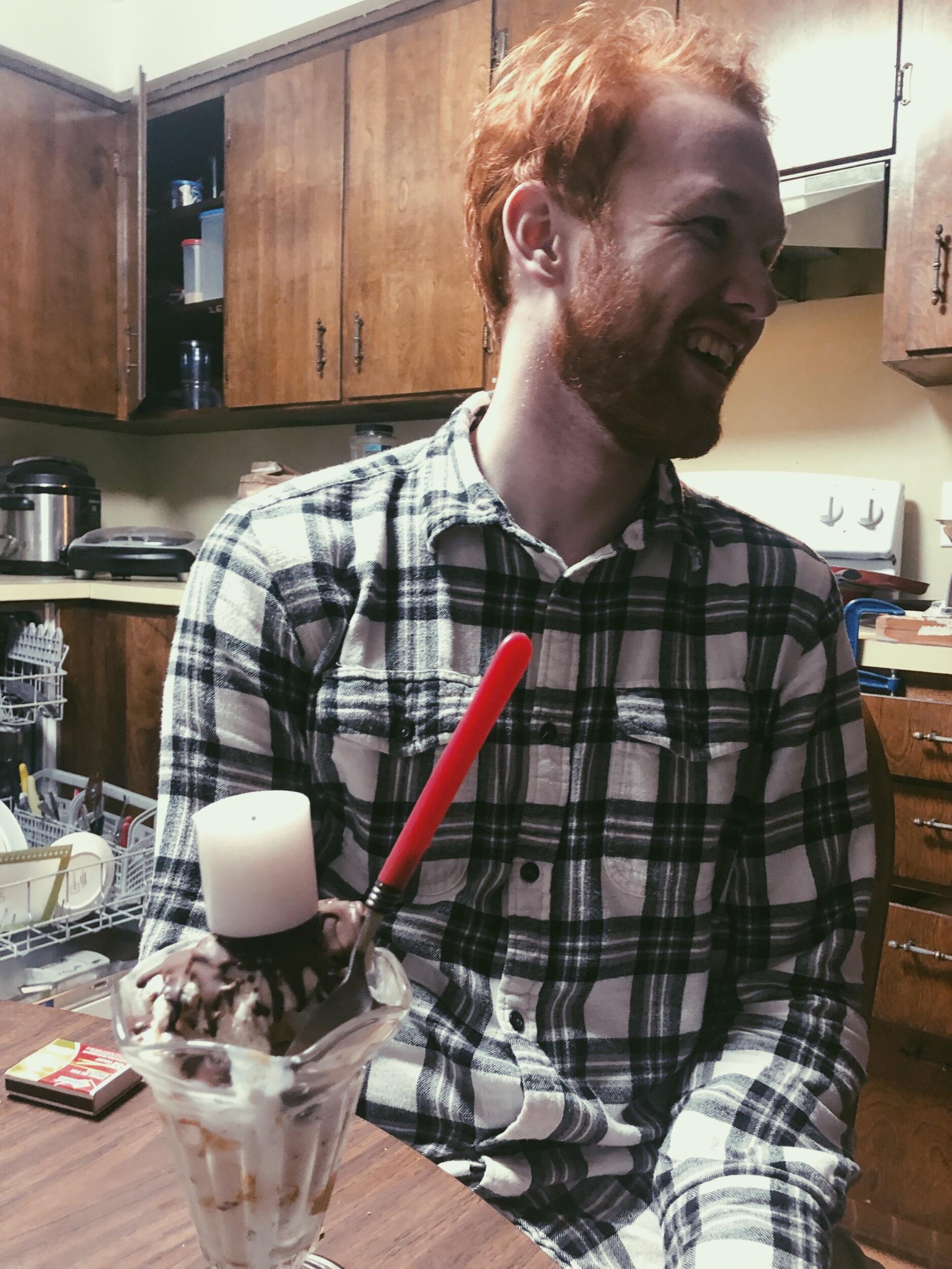 Aaron’s Birthday! No birthday cake or candles in a college apartment but we improvised.  Aaron liked the ice cream better anyways.