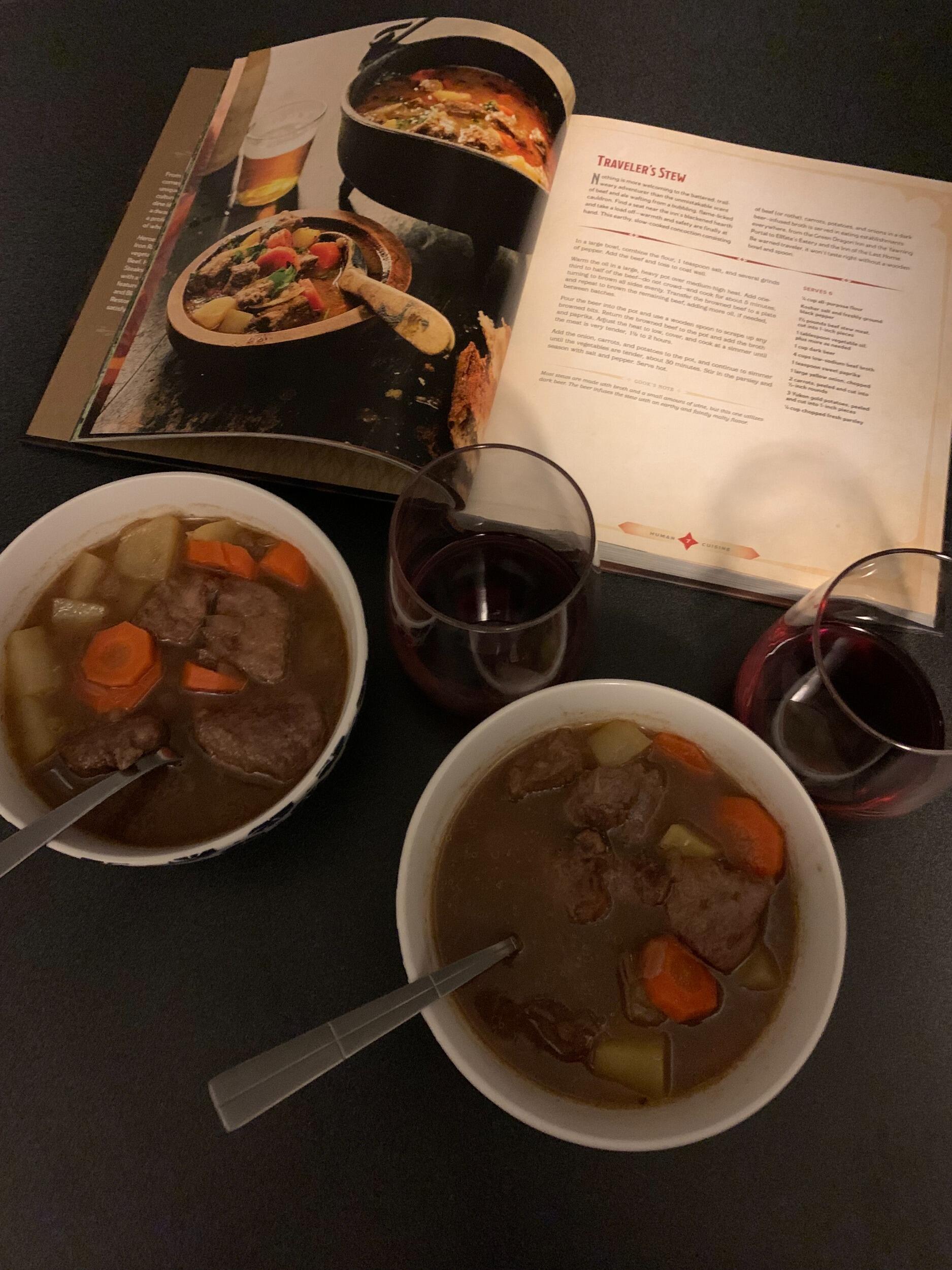 Cooking quickly became one of our favorite shared adventures. We loved experimenting with recipes from our Dungeons & Dragons-themed cookbook. This was one of the very first we tried! We paired it, of course, with mead from our favorite meadery.