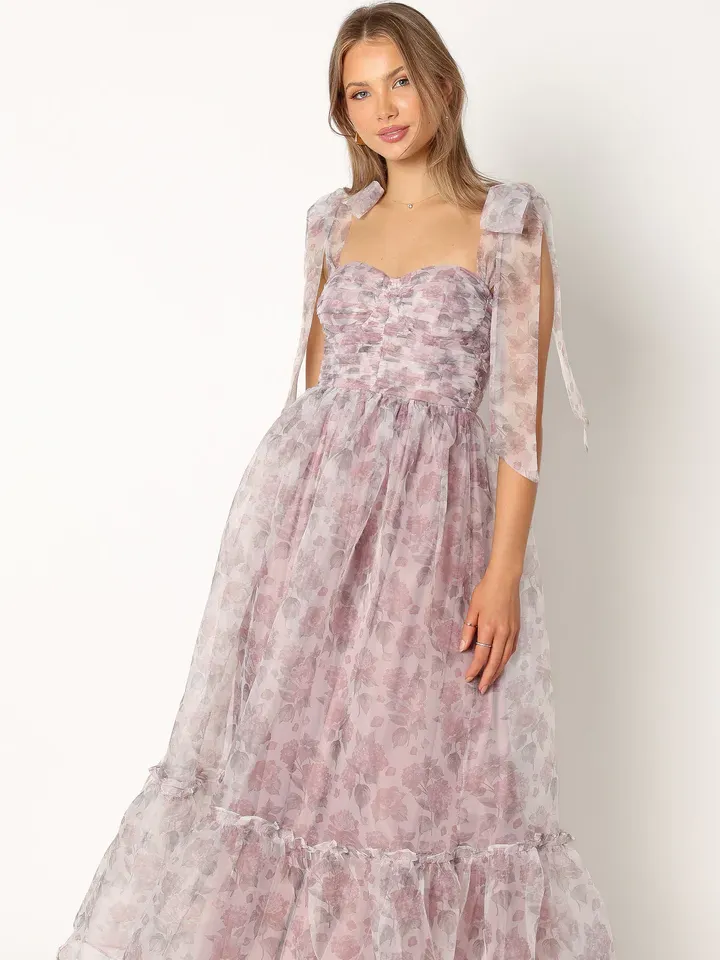 Dark purple floral chiffon cottagecore dress for wedding guests and bridesmaids