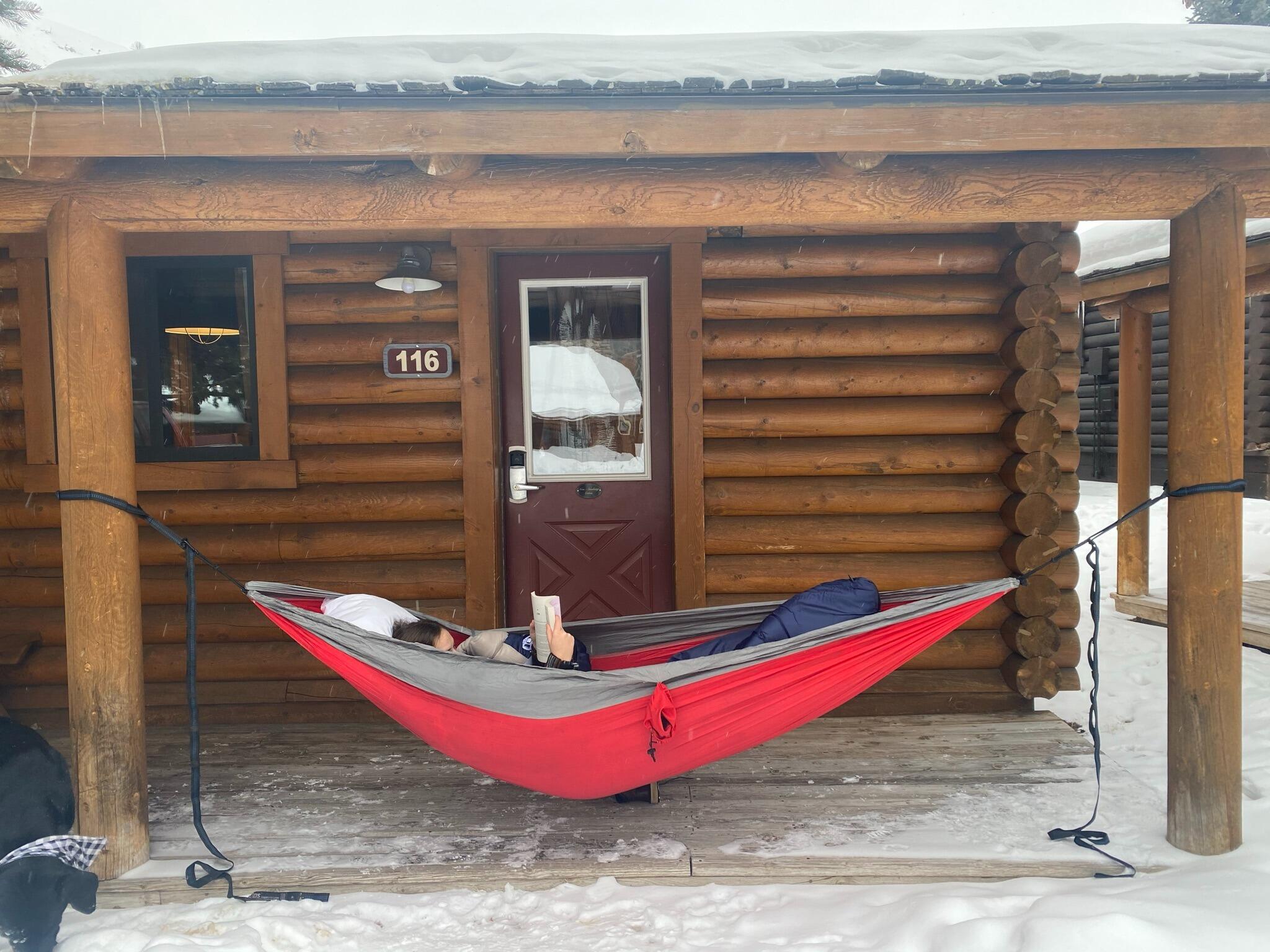 We visit Jackson Hole, WY for Valentine's Day. Garrett makes Alex a reading throne using a hammock and two heated blankets. 