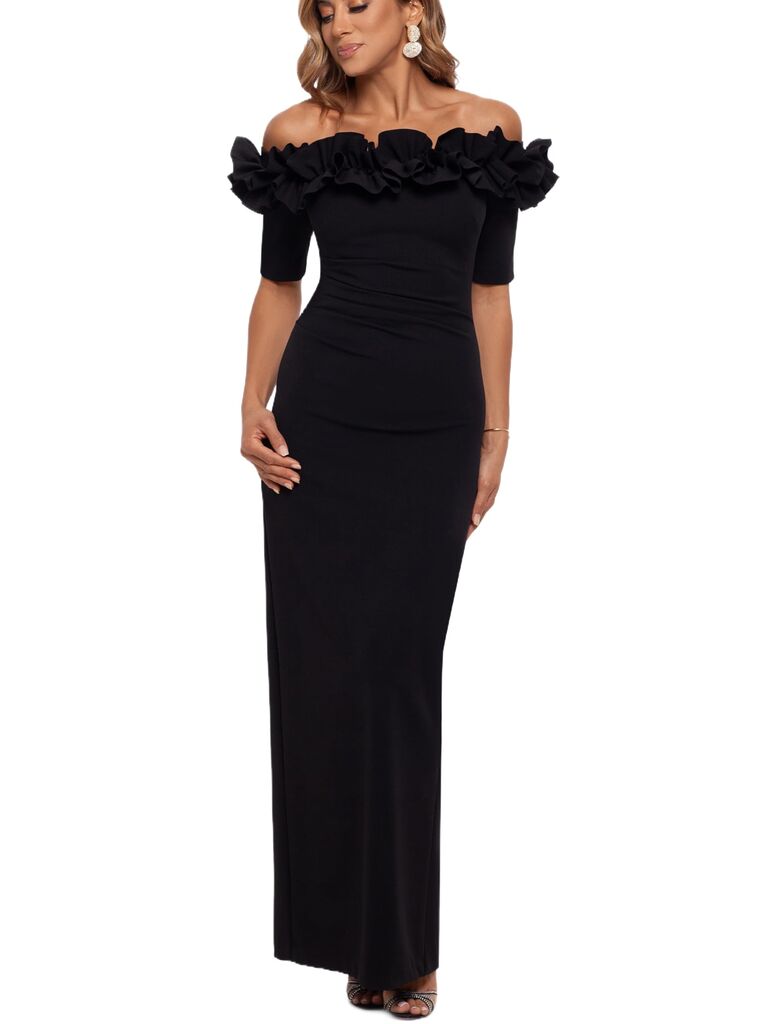 Black off-shoulder ruffle maxi petite wedding guest dress for over 50s