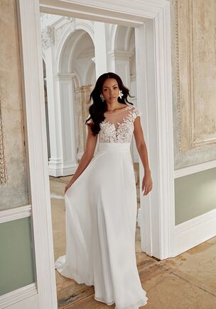 Chiffon A-Line Gown with Illusion Sabrina Neckline and Cap Sleeves