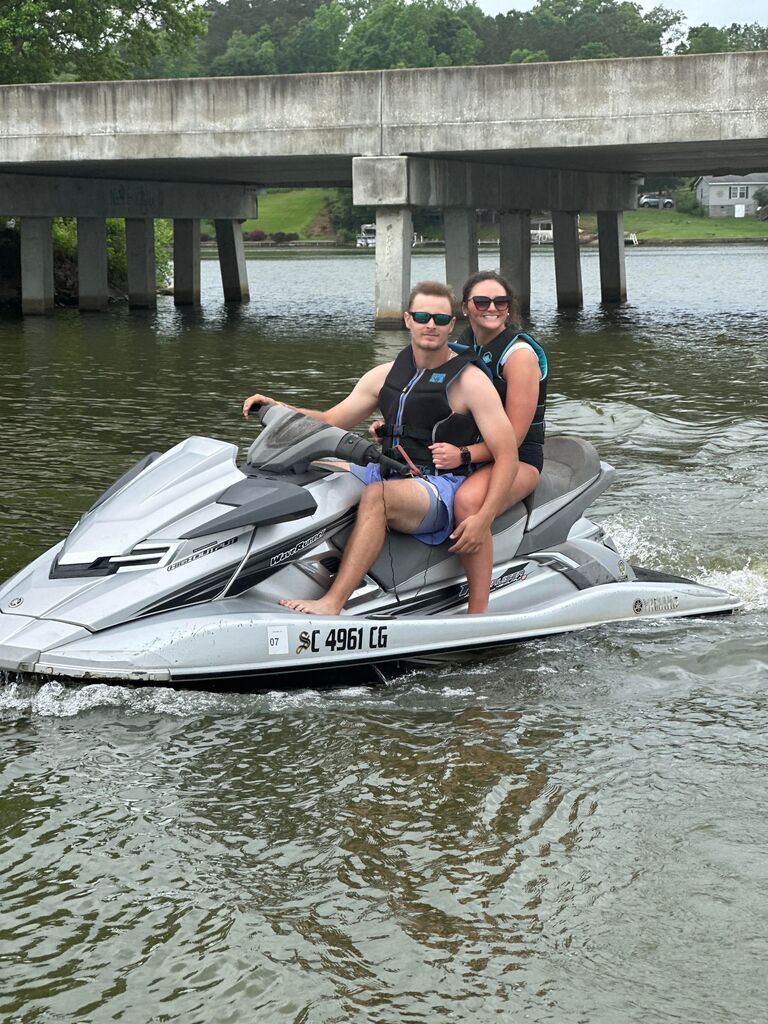 Abbey's first trip to Lake Greenwood. Before getting on the jetski the only request was not to be thrown off, but to Hunter, that meant "how quick can I throw her off?" It was approximately 43 seconds after this photo. 😂 