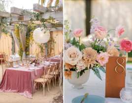 Romantic wedding decor with blush linens and floral table runners