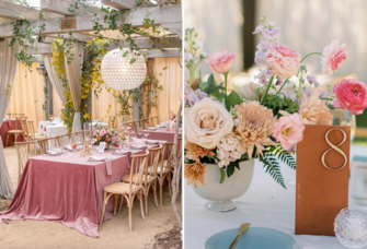 Romantic wedding decor with blush linens and floral table runners