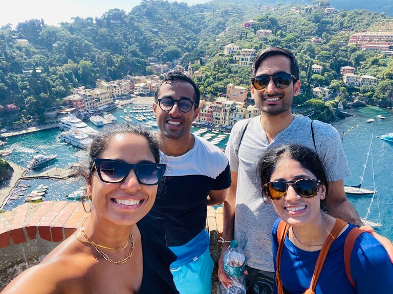 @Portofino, Italy. 
Our first couple's trip with Anjali's brother & sister-in-law. We were in awe of the panoramic views and colorful seaside homes of the Italian Riviera. 