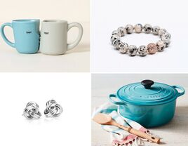 Four 42nd anniversary gifts: mugs, a jasper bracelet, Le Creuset Dutch oven, silver earrings